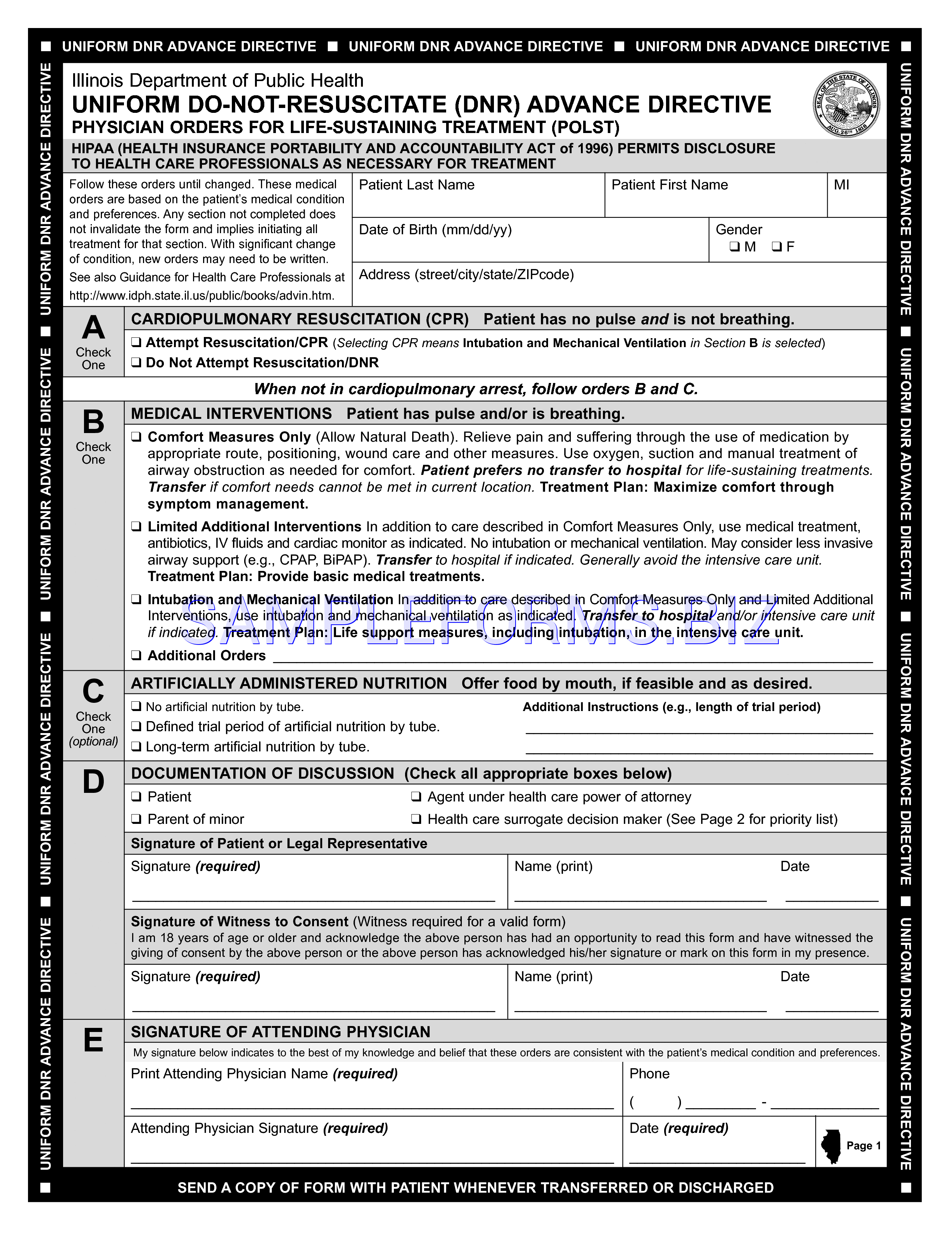 Preview free downloadable Illinois POLST Form in PDF (page 1)